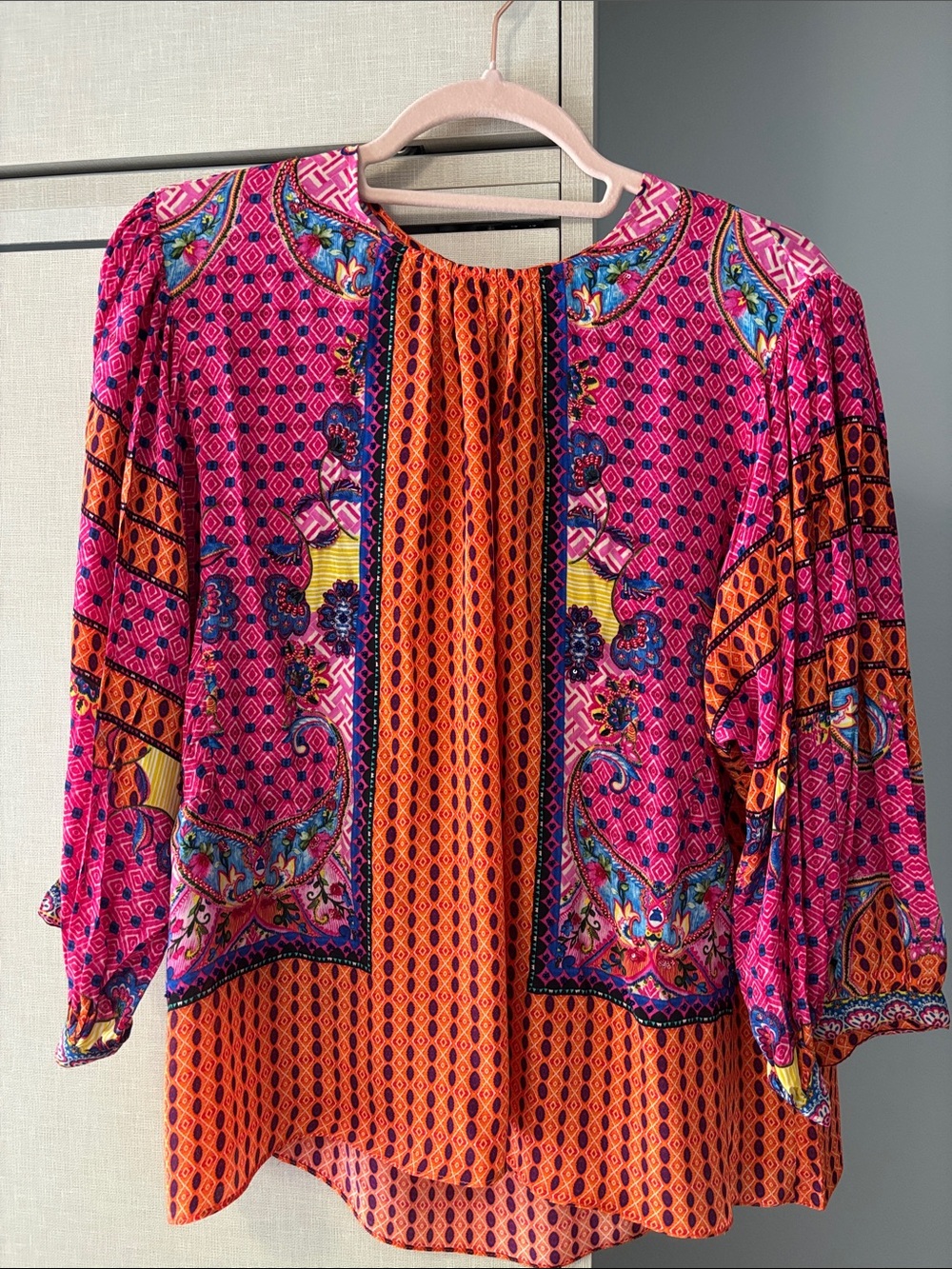 Anthropologie Bahnuni by Jyoti Vibrant Pink & Orange Boho Printed Blouse size M